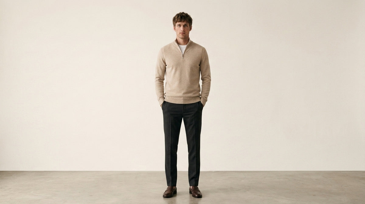 Amalfi zip neck jumper in beige, detail