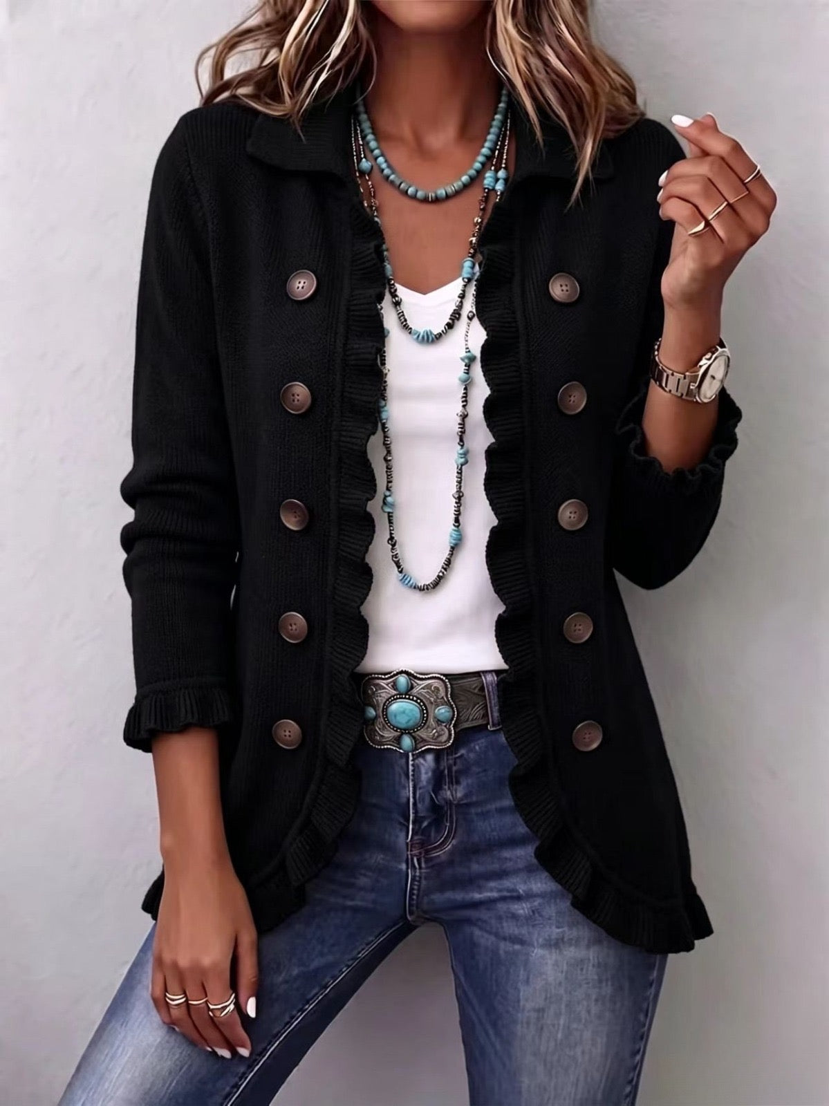Élodie | Ribbed Knit Ruffle Jacket in Black