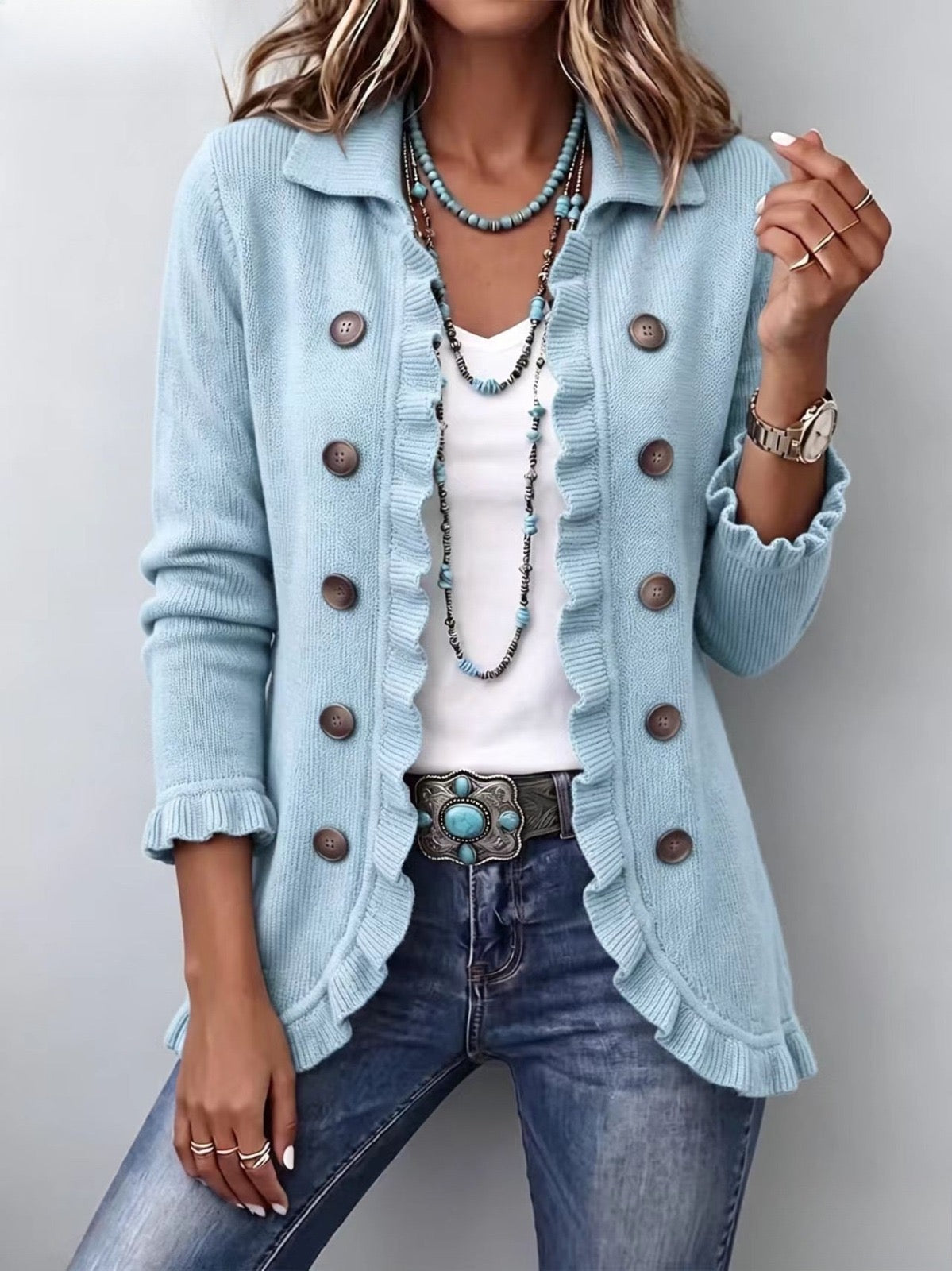 Pauline | Ribbed Knit Ruffle Jacket in Powder Blue