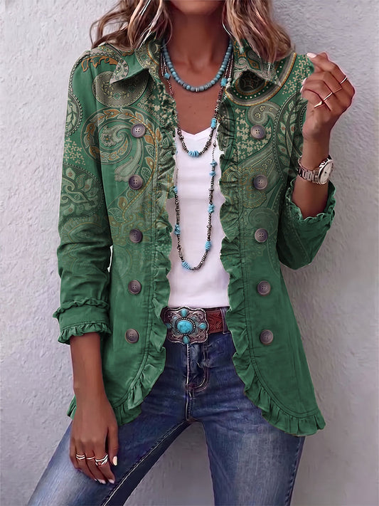 Apolline | Swirled Paisley Ruffle Jacket in Green