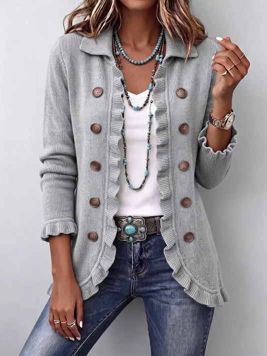 Mathilde | Ribbed Knit Ruffle Jacket in Marl Grey