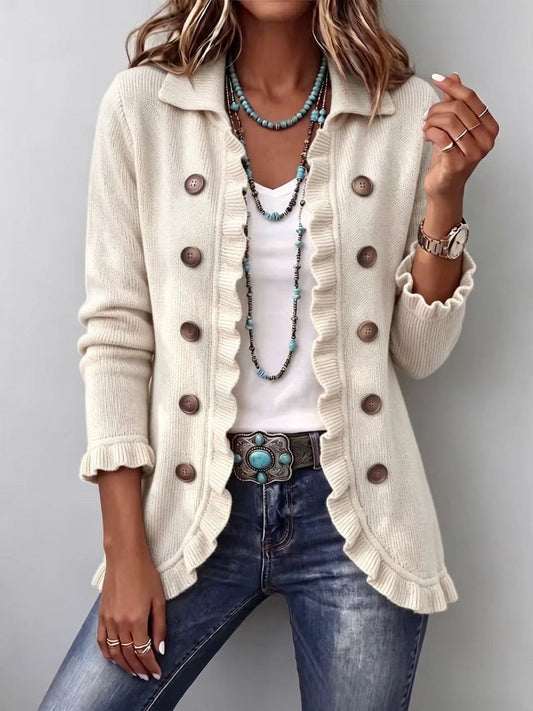 Josephine | Ribbed Knit Ruffle Jacket in Ivory