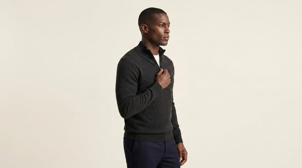 Amalfi zip neck jumper in black, detail