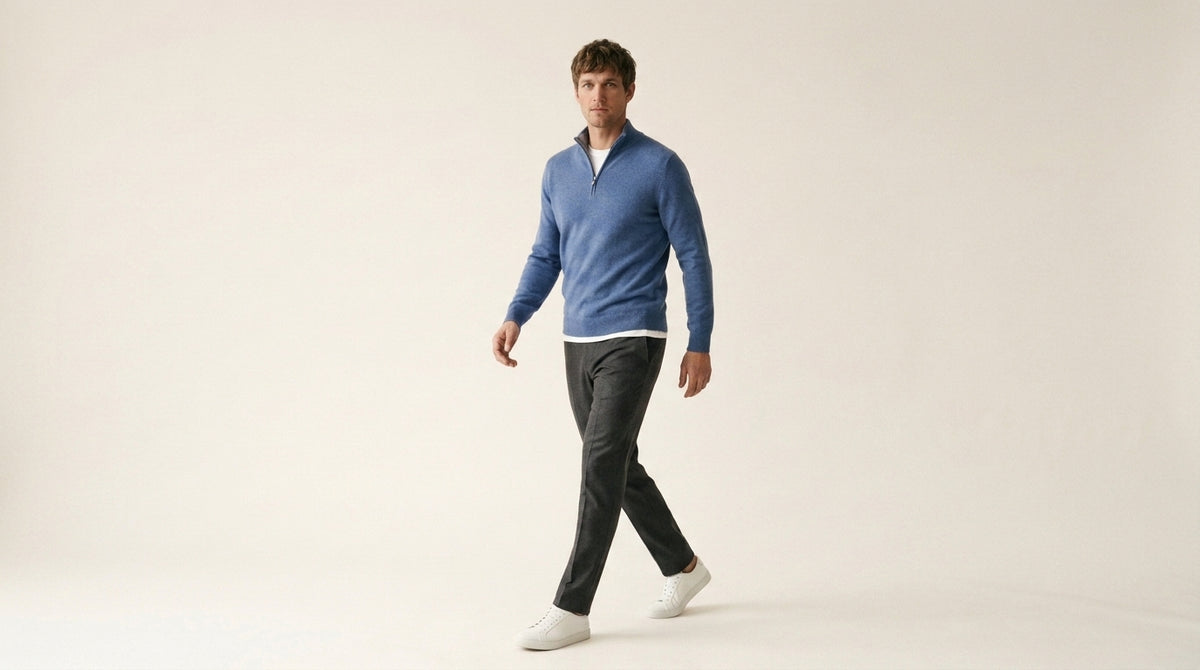 Amalfi zip neck jumper in blue, detail