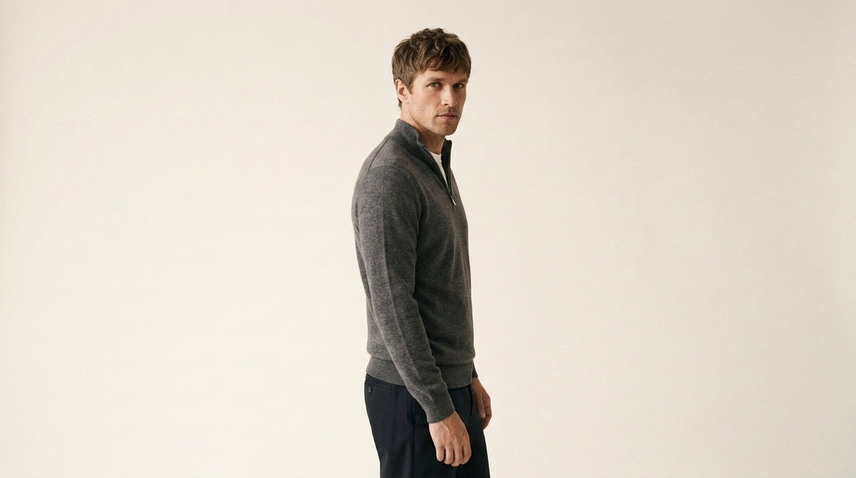 Amalfi zip neck jumper in grey, detail