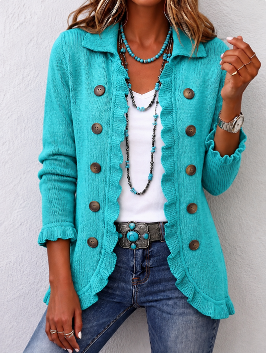 Victoire | Ribbed Knit Ruffle Jacket in Turquoise