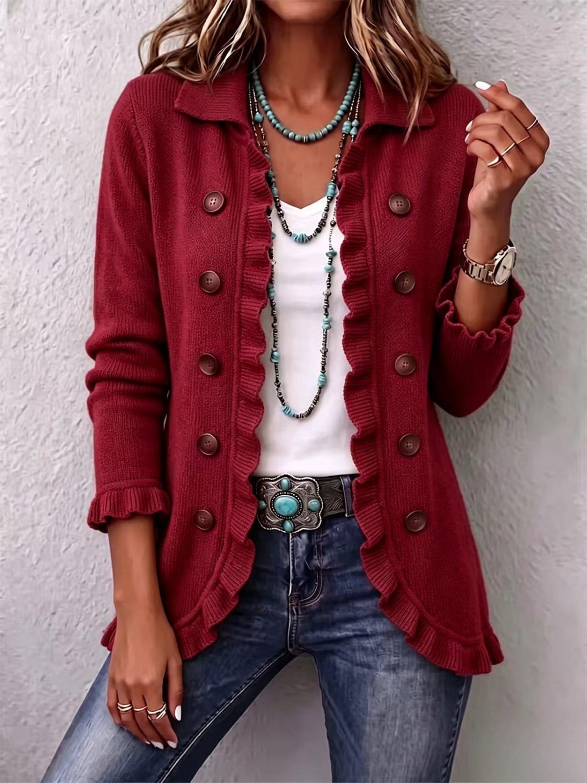 Océane | Ribbed Knit Ruffle Jacket in Ruby