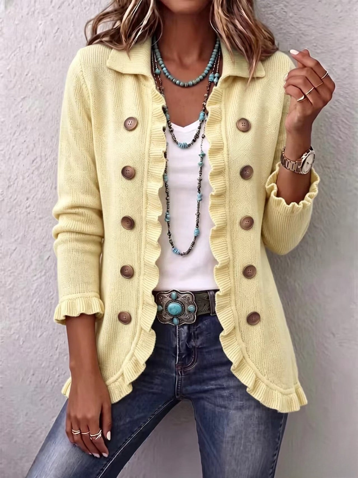 Camille | Ribbed Knit Ruffle Jacket in Cream