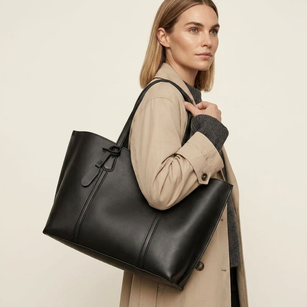 Woman carrying the Lily leather tote in black