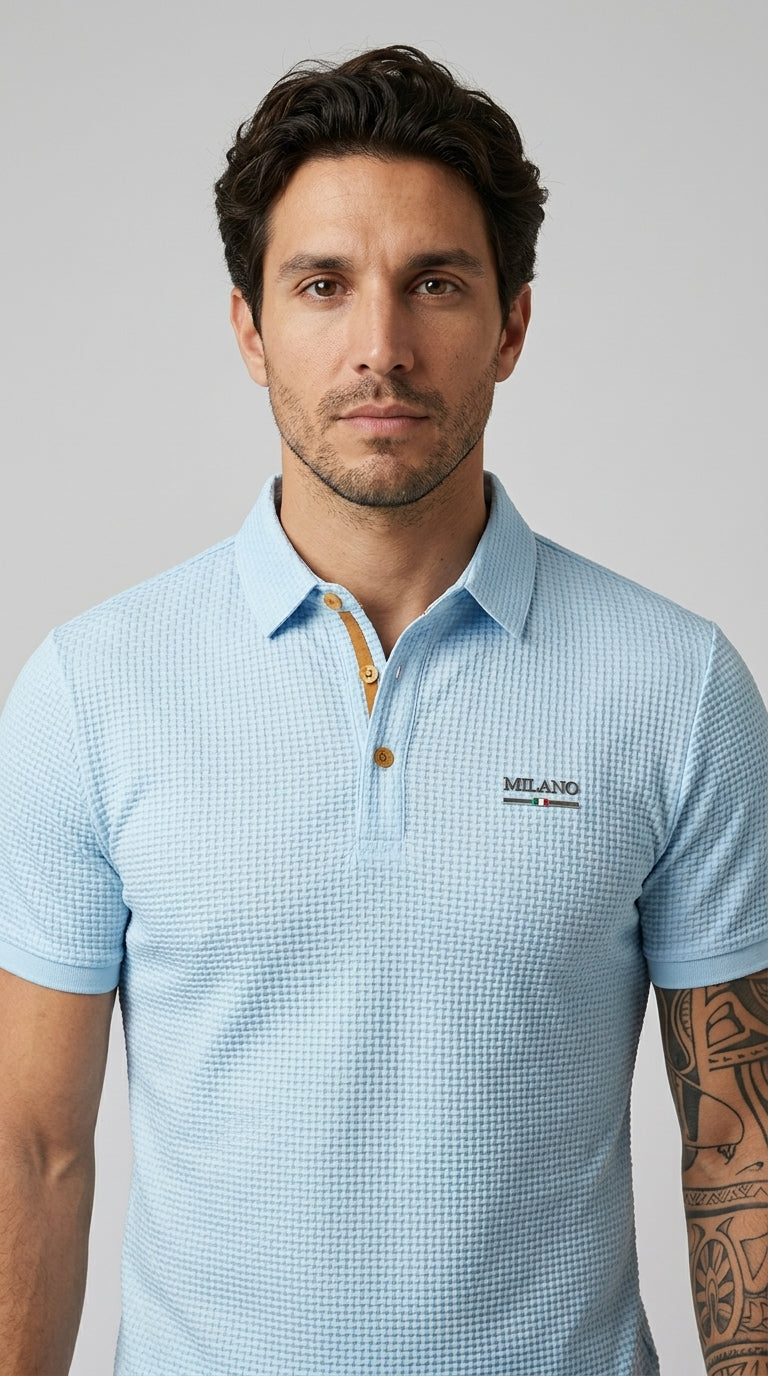 Man wearing Milano polo in blue