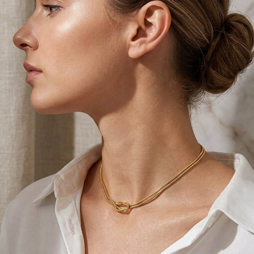 Mira gold knotted necklace worn at the neck