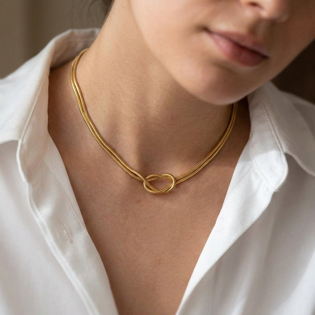 Woman wearing Mira gold knotted necklace