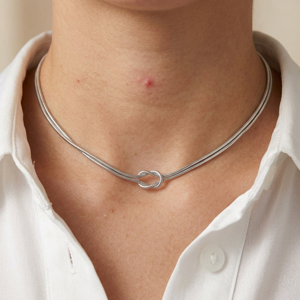 Woman wearing Mira silver knotted necklace