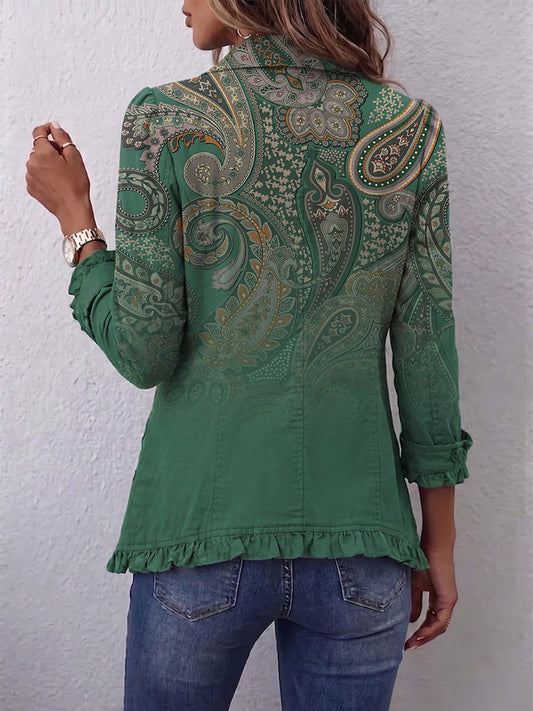 Apolline | Swirled Paisley Ruffle Jacket in Green