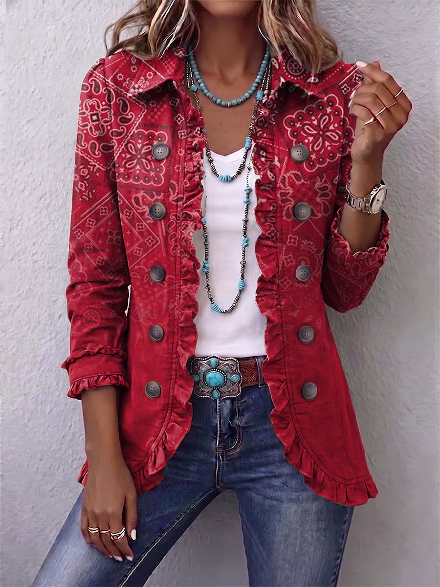 Albane | Faded Paisley Ruffle Jacket in Red