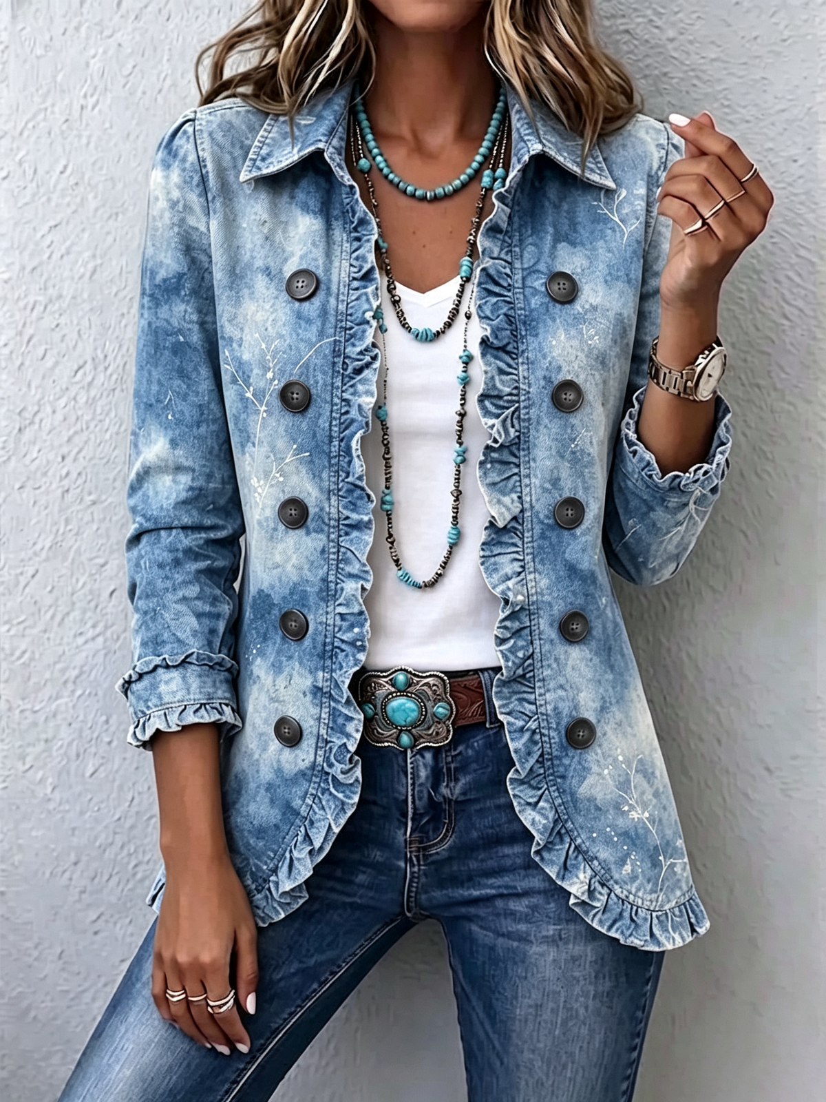 Lison | Botanical Print Ruffle Jacket in Blue