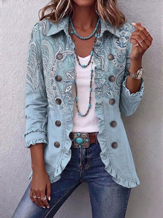Eugénie | Paisley Ruffle Jacket in Sky Blue
