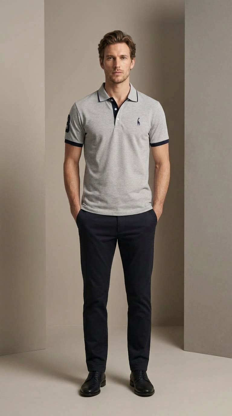 Man standing in Sebastian polo in grey