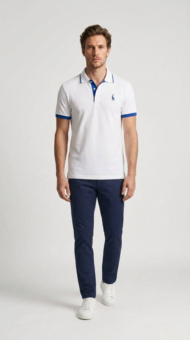 Man walking wearing Sebastian polo in white