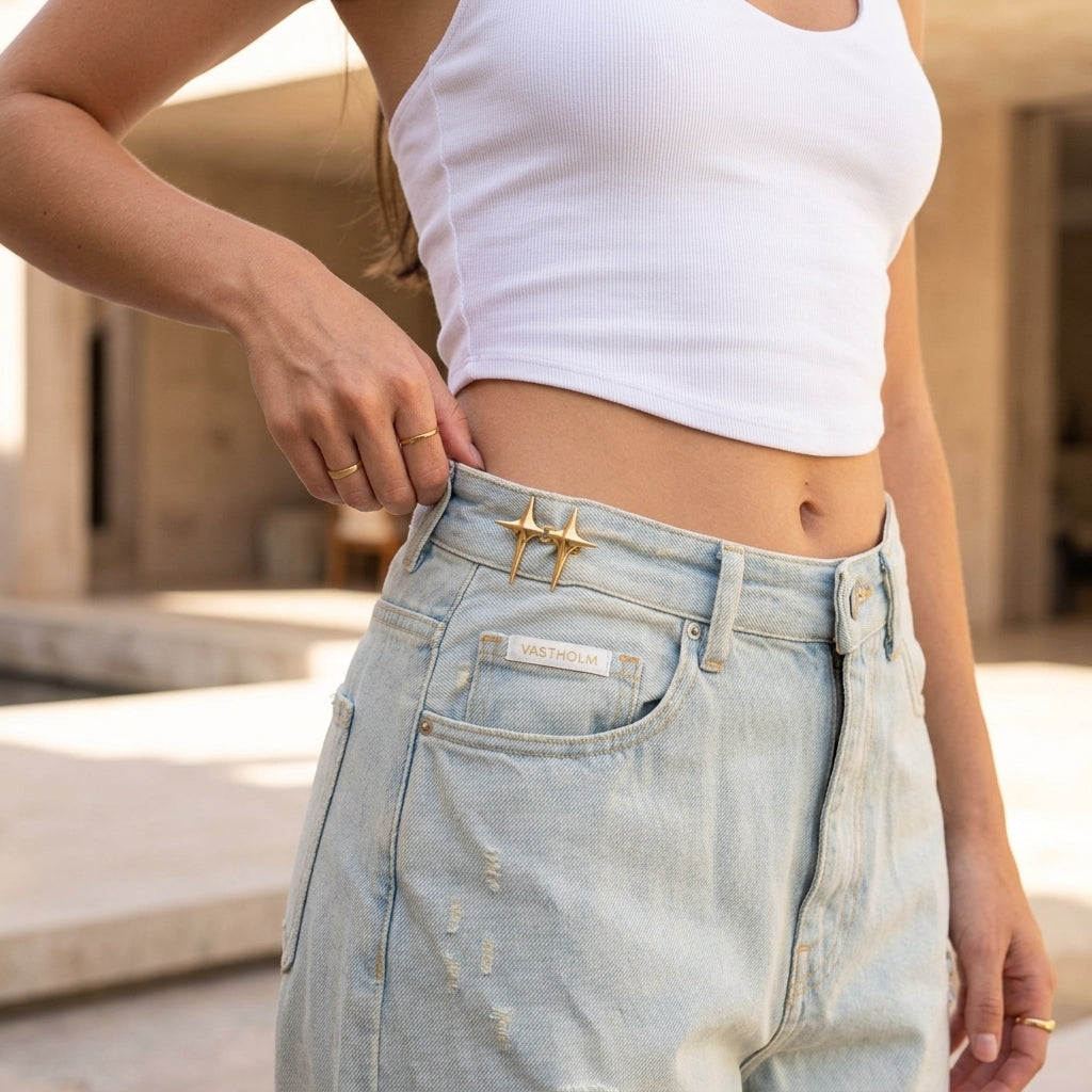 Model wearing denim jeans with a Sword waist pin
