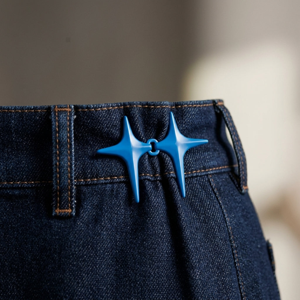 Sword pin on a denim skirt